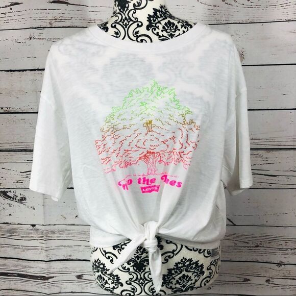 Levi’s Into the Trees Knot Tie Front Graphic Cotton T-Shirt Tee White S - Picture 1 of 8